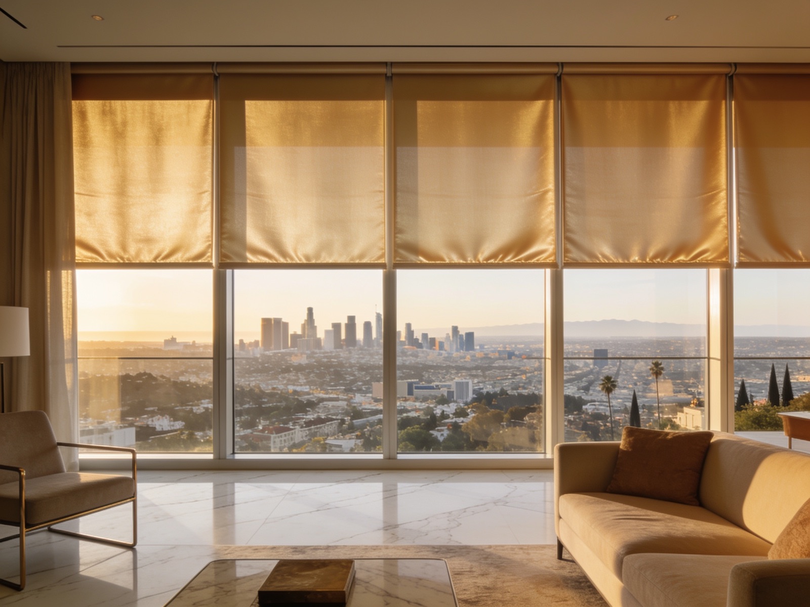 Living room with the roller shades half raised