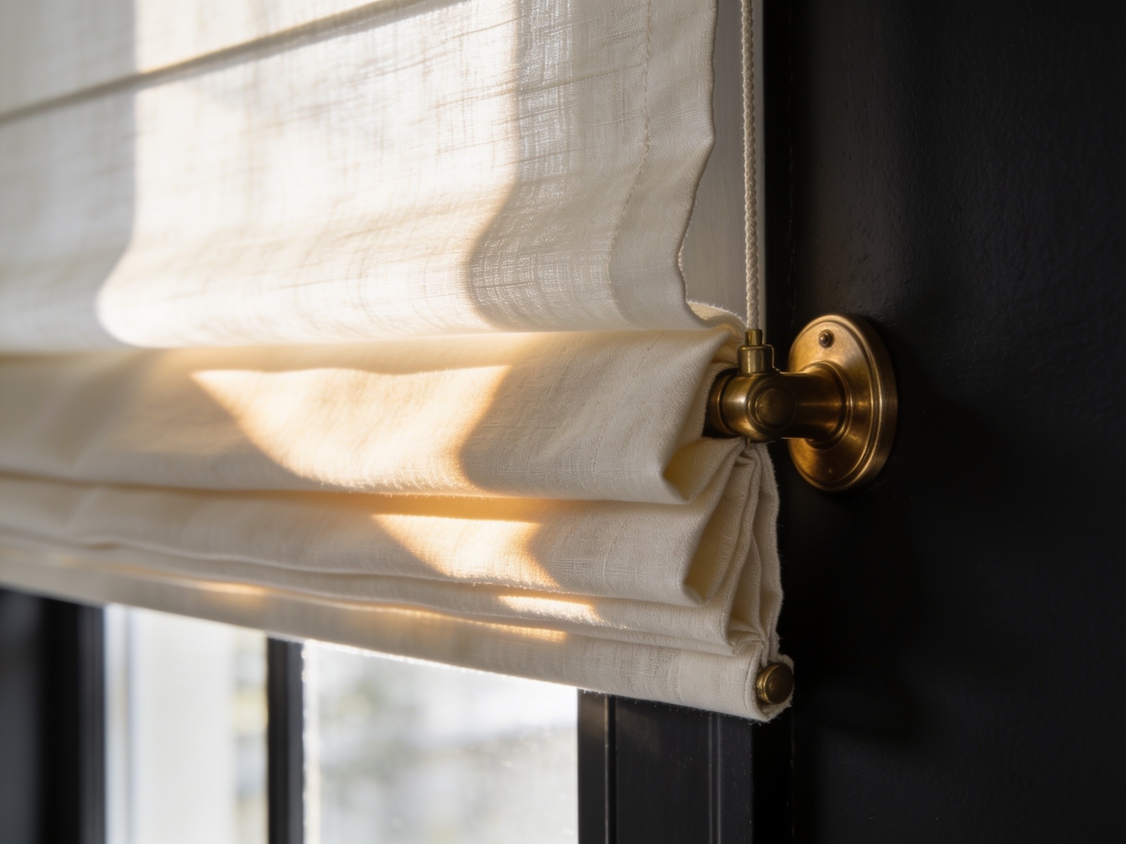 Close detail of a hand-sewn Roman shade in ivory linen