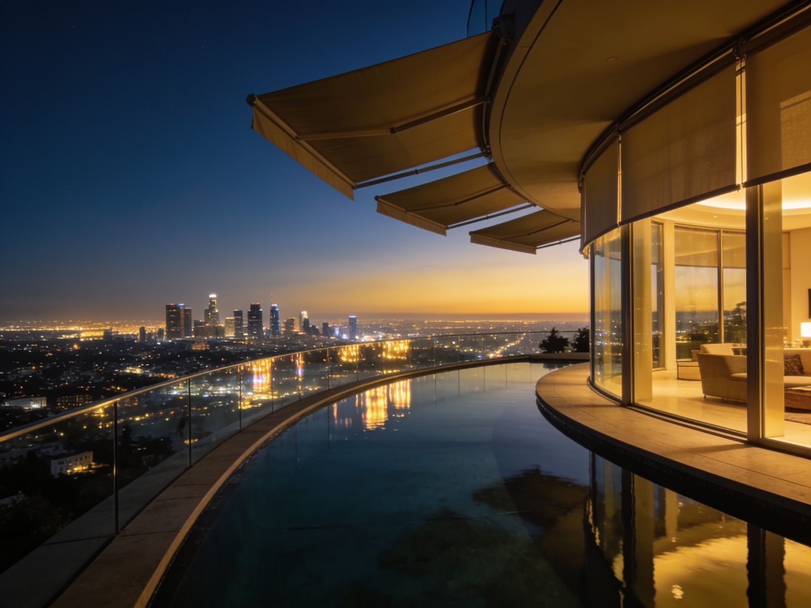 Terrace at dusk behind exterior solar screens